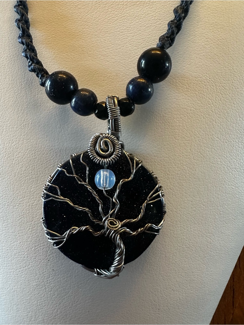 Handmade Sparkly Blue Tree of Life Stone Pendant Necklace with Silver Wire